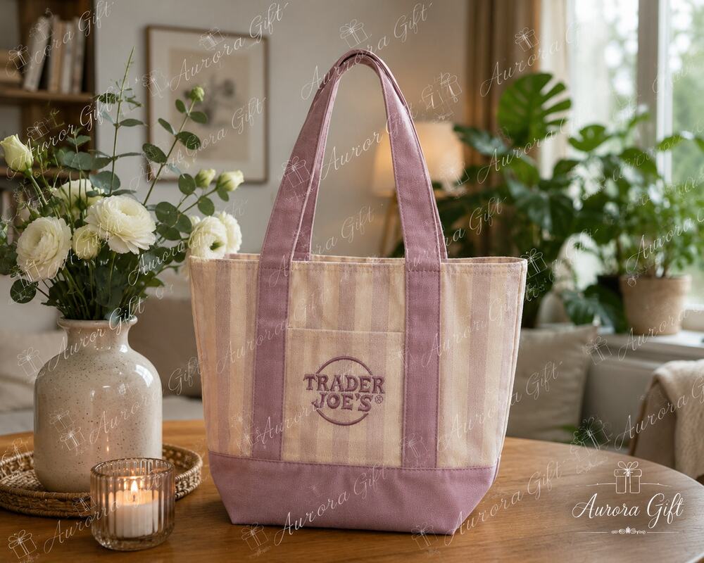 Trader Joe's Striped Mini Canvas Tote Bag Purple & Cream Reusable / New